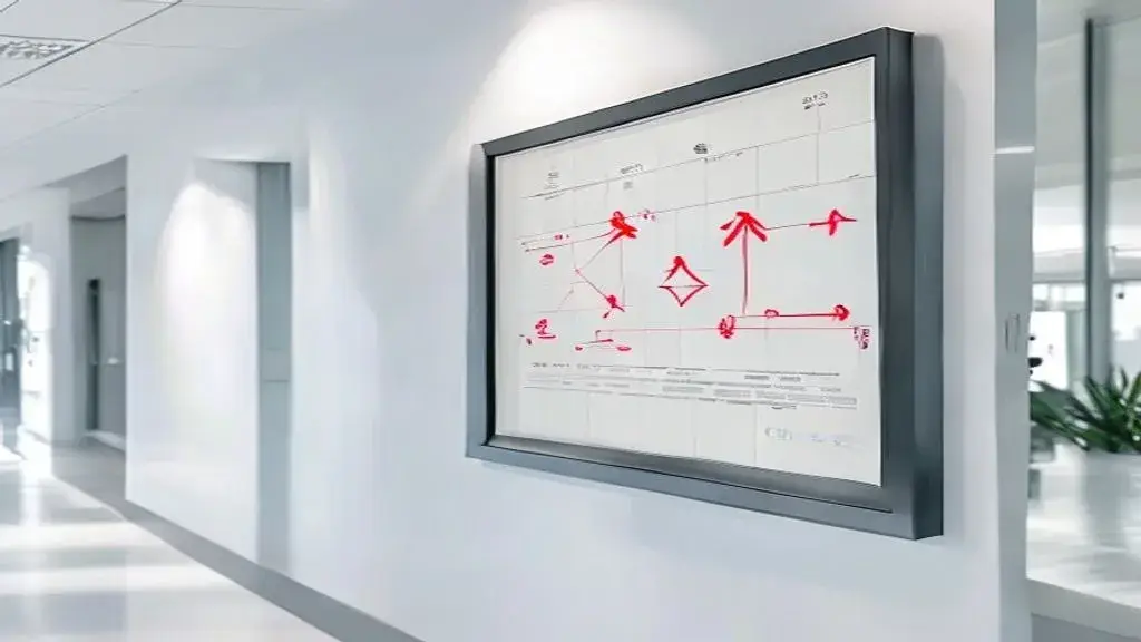 Plan d'évacuation encadré sur mur de couloir de bureau